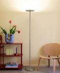 Super Bright LED Floor Lamp Torchiere for living room, dimmable 3000K warm glow, 2190 lumens, brushed nickel, next to bookshelf