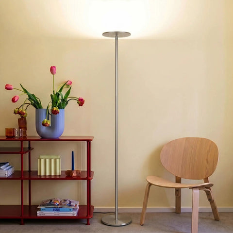Super Bright LED Floor Lamp Torchiere for living room, dimmable 3000K warm glow, 2190 lumens, brushed nickel, next to bookshelf