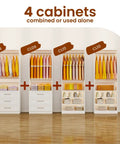 Modular Closet System With Six Drawers And Ten Open Shelves Housing Eight Hanging Rods Creating A Custom Walk In Closet Organizer Setup That Hits Different For Any Master Bedroom Freestanding White Wood Build with four cabinets.