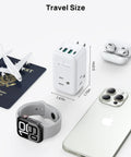 Heavy Duty Multi Plug Outlet Extender With Dual PD 20W USB C Fast Chargers And Three AC Sockets Flex Your Tech Stash At Home Or On The Go Without Cable Drama Ever, shown in travel size with measurements.
