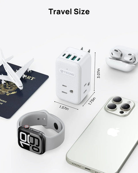 Heavy Duty Multi Plug Outlet Extender With Dual PD 20W USB C Fast Chargers And Three AC Sockets Flex Your Tech Stash At Home Or On The Go Without Cable Drama Ever, shown in travel size with measurements.