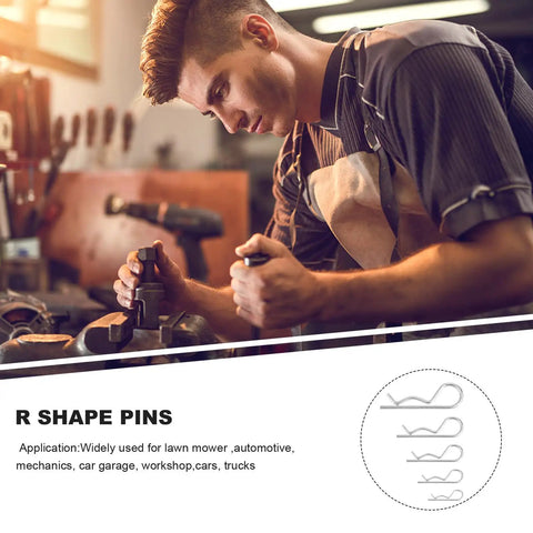 Mechanic using tools with diagram of 20 Pcs Carbon Steel R Clip Cotter Pins Kit for Trailers Mowers Tractors Fasteners