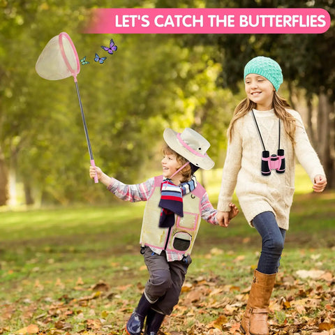 Children playing with Girls Outdoor Explorer Kit With Bug Catcher Gear For Backyard Adventures, wearing vest, hat, and binoculars