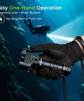 Gloved hand holding DL05 6000LM Scuba Dive Light for Night Diving and Snorkeling Beast Bright Underwater Flashlight