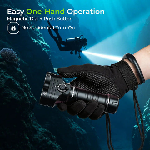 Gloved hand holding DL05 6000LM Scuba Dive Light for Night Diving and Snorkeling Beast Bright Underwater Flashlight
