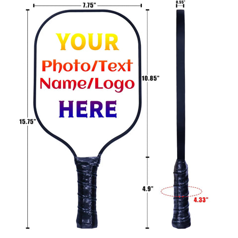 Custom Graphite Pickleball Paddle Set With Comfort Grip, 2 Paddles, 4 Balls And Portable Carry Bag, White, Personalize With Your Text, Names Or Logos Included, shown with dimensions and personalization area