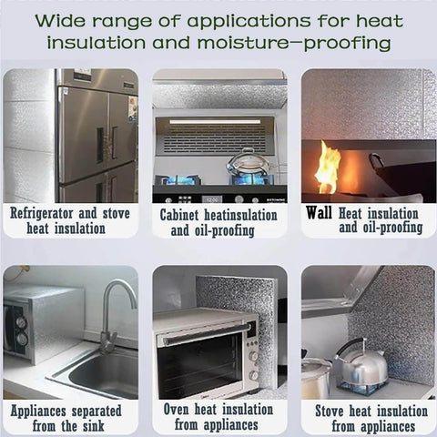 Refrigerator Side Heat Shield Board For Kitchen Protection In Dorms And Rentals Durable 70 By 40 Cm Shield showing various applications like cabinet insulation, oven and stove safety.
