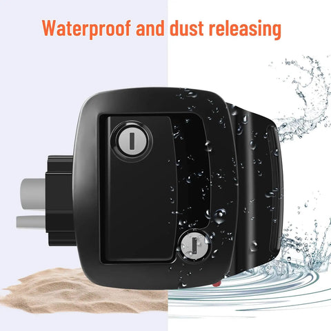 Rugged RV Entry Door Lock With Paddle Deadbolt in black finish, showing metal camper door latch with waterproof and dust protection.