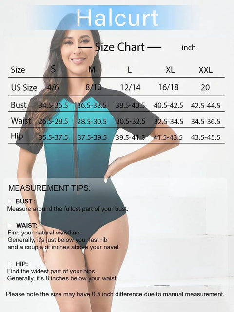 Women One Piece Rash Guard With Built In Bra Front Zip For Easy On Off No Fuss Convenience Short Sleeve Surfing Athletic Swimsuit UPF50 Full Lined Support Ombre Turquoise Black Size Large with size chart