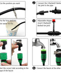 All In One 100 Ft Drip Irrigation Kit For Garden And Lawn installation steps with tubes, connectors, and faucet attachment.
