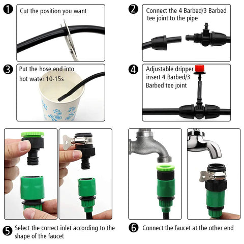 All In One 100 Ft Drip Irrigation Kit For Garden And Lawn installation steps with tubes, connectors, and faucet attachment.