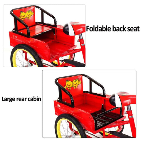 Folding Three Wheel Tricycle With Rear Passenger Seat And Backrest, Tandem Rickshaw Style Pedals, red foldable steel frame bike