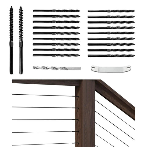 100 Pack 1/8 Inch Black Cable Railing Hardware Kit Swage Screws Left And Right Handed Thread For Wood Posts T316 Stainless Steel Deck Cable Railing System Includes Drill Bit And Reinforced Bent Wrench parts and deck installation view