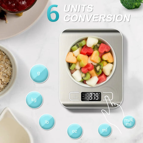 Digital Kitchen Scale 11Lb Capacity With Tare And LCD Display Six Unit Modes Stainless Steel in use with fruit bowl