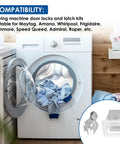 Washing machine with open door showing laundry; inset image of 2 Pack Dryer Door Latch Replacement Kit With Metal Strike And Durable Plastic Catch.