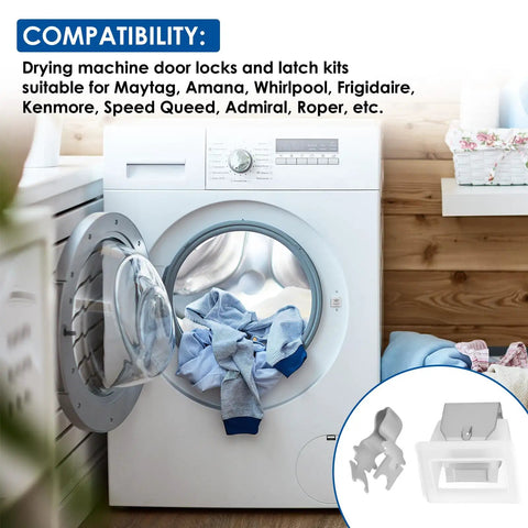 Washing machine with open door showing laundry; inset image of 2 Pack Dryer Door Latch Replacement Kit With Metal Strike And Durable Plastic Catch.