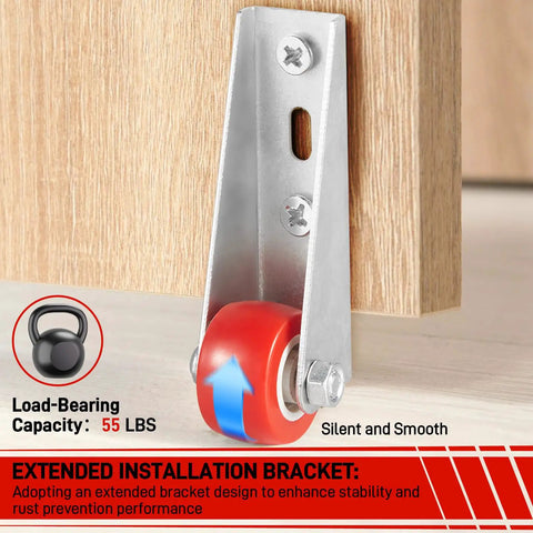 Pro Build 0.9 Inch Red Rubber Caster Wheels 2 Pack Swivel Furniture Casters with rust resistant galvanized bracket mounted on wood.