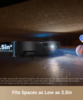 Dreame X50 Ultra robot vacuum and mop under sofa with 3.5-inch clearance graphic and blue navigation light