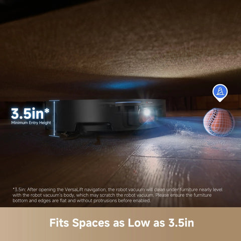 Dreame X50 Ultra robot vacuum and mop under sofa with 3.5-inch clearance graphic and blue navigation light