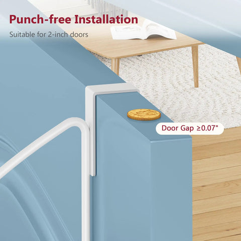 Over The Door Hanger Expandable And Adjustable Space Saving Coat And Towel Rack That Fits Doors Up To One And Three Quarters Inches Metal White Heavy Duty Door Organizer For Bathroom Bedroom Laundry And Hallway shown installed on door with coin for size reference.