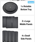 Package list showing rotatable bottom tray, two large middle panels, and four small side panels for Rotatable Cup And Lid Dispenser.