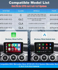 Mercedes Benz Wireless CarPlay Retrofit Kit Decoder Module For NTG5.0 NTG5.1 NTG5.2 Systems Fits GLA CLA C117 X117 X156 W205 2015 2018, Adds Wireless Android Auto, Reversing Camera, OEM Car Controls, Easy Plug In Installation No Fuss Setup shown with compatible model list and system display screen interface.