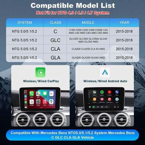 Mercedes Benz Wireless CarPlay Retrofit Kit Decoder Module For NTG5.0 NTG5.1 NTG5.2 Systems Fits GLA CLA C117 X117 X156 W205 2015 2018, Adds Wireless Android Auto, Reversing Camera, OEM Car Controls, Easy Plug In Installation No Fuss Setup shown with compatible model list and system display screen interface.
