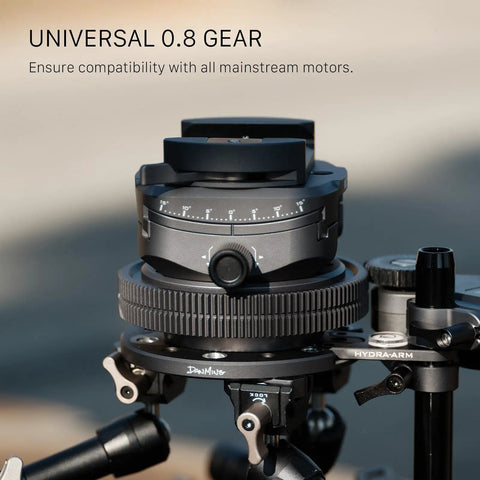 Close-up of Hydra X Dan Ming High Speed Pan System Pro Kit showing universal 0.8 gear, part of tilt rotatable base.