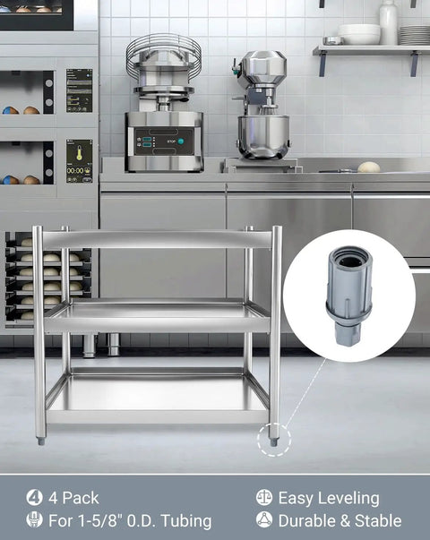 Beefed-Up Adjustable Bullet Feet For 1-5/8 Inch Tubing Heavy-Duty Leg Levelers in a commercial kitchen setting.