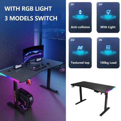 Adjustable Height Standing Desk With Carbon Fiber Top And Hella Fast Electric Lift offers RGB lighting and a textured surface with anti-collision.