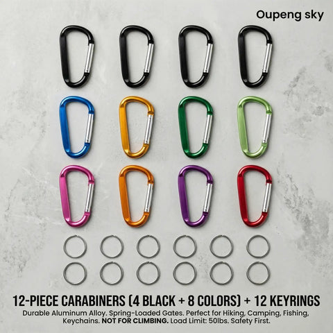 12 Pack Carabiner Keychain Clips 3 Inch Aluminum D Ring Nonlocking Hooks Multicolor Snap Clips For Home Camping Hiking Travel Backpack Gear Durable Lightweight Aluminum Construction Great For Everyday Carry And Quick Access, showing colorful carabiners and keyrings.