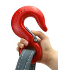 Person holding G80 steel hook and polyester webbing from Heavy Duty Web Sling Set Built Tough for Real World Lifts 3.3 Ft Single Leg Lifting Slings 6600 Lbs Capacity with Polyester Web and G80 Steel Hook 2 Pack