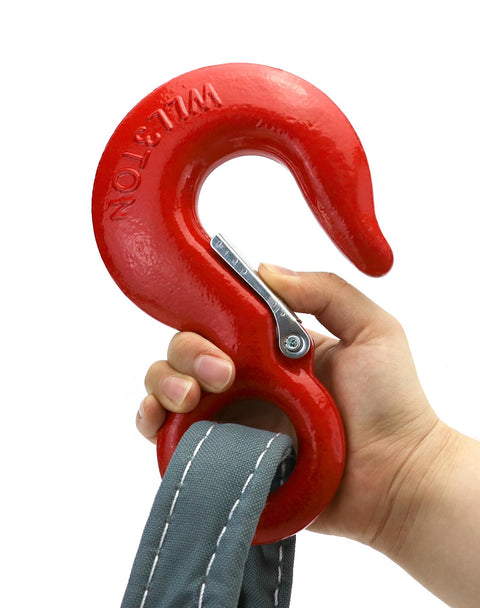 Person holding G80 steel hook and polyester webbing from Heavy Duty Web Sling Set Built Tough for Real World Lifts 3.3 Ft Single Leg Lifting Slings 6600 Lbs Capacity with Polyester Web and G80 Steel Hook 2 Pack