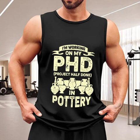 Straight Up Comfy Men's Cotton Tank Top, Ultra Breathable Sleeveless Gym Shirt in black color, perfect for pottery workouts.