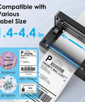 Sleek 4x6 Portable Thermal Label Printer Featuring Hella Reliable Bluetooth Sync And Stress Free App Pairing For Swift Shipping Tasks, showcasing various label sizes 1.4-4.4 in.