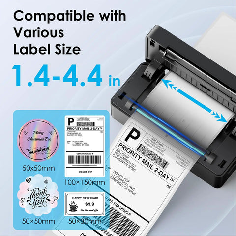 Sleek 4x6 Portable Thermal Label Printer Featuring Hella Reliable Bluetooth Sync And Stress Free App Pairing For Swift Shipping Tasks, showcasing various label sizes 1.4-4.4 in.
