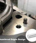 Image of Heavy Duty Stainless Steel Dowel Pins Five Sixteenths Diameter By Twenty Millimeter Length in metal fixture showing chamfered edges.