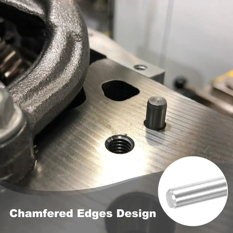 Image of Heavy Duty Stainless Steel Dowel Pins Five Sixteenths Diameter By Twenty Millimeter Length in metal fixture showing chamfered edges.
