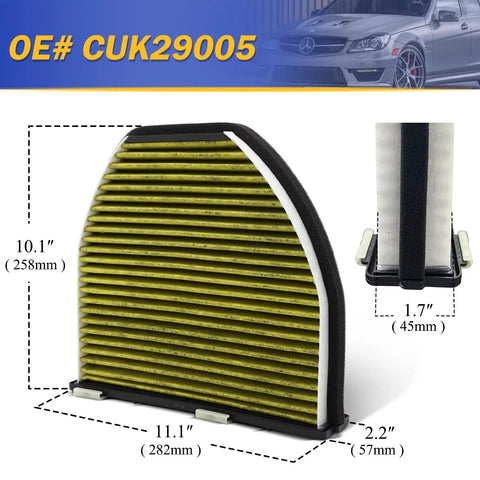 Mercedes-Benz Activated Carbon Cabin Air Filter For 2008 To 2020 Models OE CUK29005 with size dimensions label