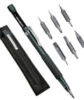 Knockout 13 In 1 Precision Magnetic Screwdriver Set With Serious Hold Magnet And Twelve Replacement Bits, Solid CRV Steel And Grippy Aluminum Handle showing the screwdriver and six bits in a case.