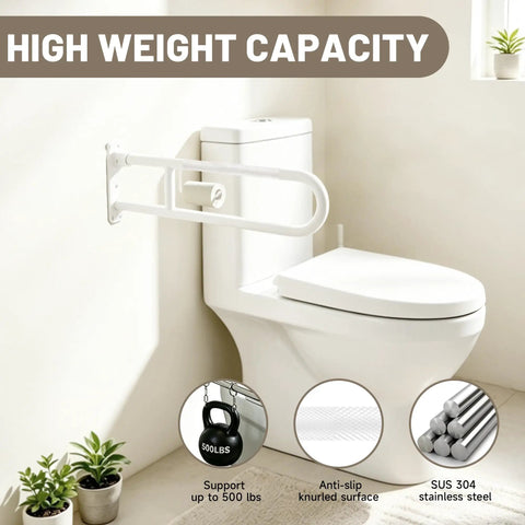 Top Shelf 22.5 Inch Toilet Grab Bar U Shaped Flip Up Safety Rail With Built In Toilet Paper Holder Heavy Duty Stainless Steel Bath Support Handle with anti-slip knurled grip.