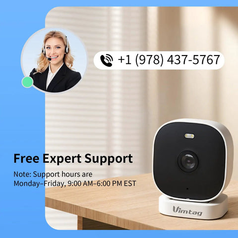Two Pack 2.5K Indoor Outdoor Security Cams With Color Night Vision on a table, with contact support details in the background