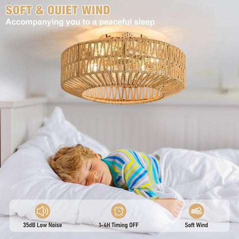 Whisper Quiet Boho Caged Rattan Fandelier Ceiling Fan with Bright Integrated Lighting, illuminating a sleeping child.