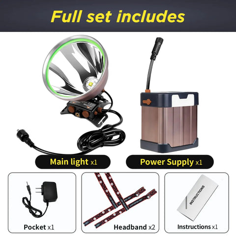 Coon Hunting Lights High Power LED Headlamp With 22000mAh Rechargeable Battery Waterproof Outdoor Torch For Fishing And Camping, full set components.