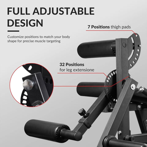 Adjustable Leg Extension And Curl Machine For Home Gym highlighting full adjustable design with 7 positions thigh pads