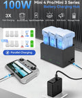 Three Bay 100W Fast Charging Hub for Mini 5/4/3 Series With Storage LED SOS, Charge Three Batteries in 47 Minutes for Intelligent Flight Battery or 72 Minutes for Plus, USB-C PD 3.0 Dual Way Charging for RC Remotes And Mobile Devices Skyrover X1, showing three batteries charging.