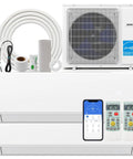 Slick Dual Zone Mini Split Air Conditioner 36000 BTU Wall Mounted Ductless Unit with components and remote controls.
