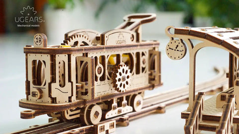 Hands-On Mechanical Tram Line Wooden Model Kit From Town Series, 3D Puzzle Assembly With Realistic Details, Laser-Cut Plywood Build For DIYers, Great Gift For Techies And Craft Fans, wooden tram model on tracks