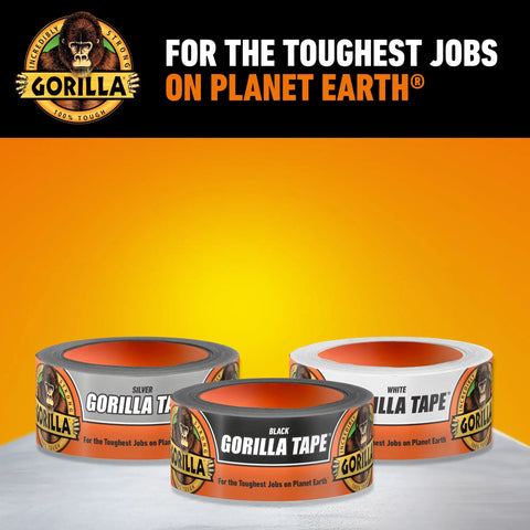 Three rolls of Gorilla Tape in black, silver, and white on an orange background with text 'For the Toughest Jobs on Planet Earth'.