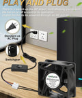 AC power plug and switch for Slick Compact EC Cooling Fan 120V With Dual Ball Bearing For Smooth Airflow In Tight Quarters Like Routers Modems And Campers Plug And Play Setup.